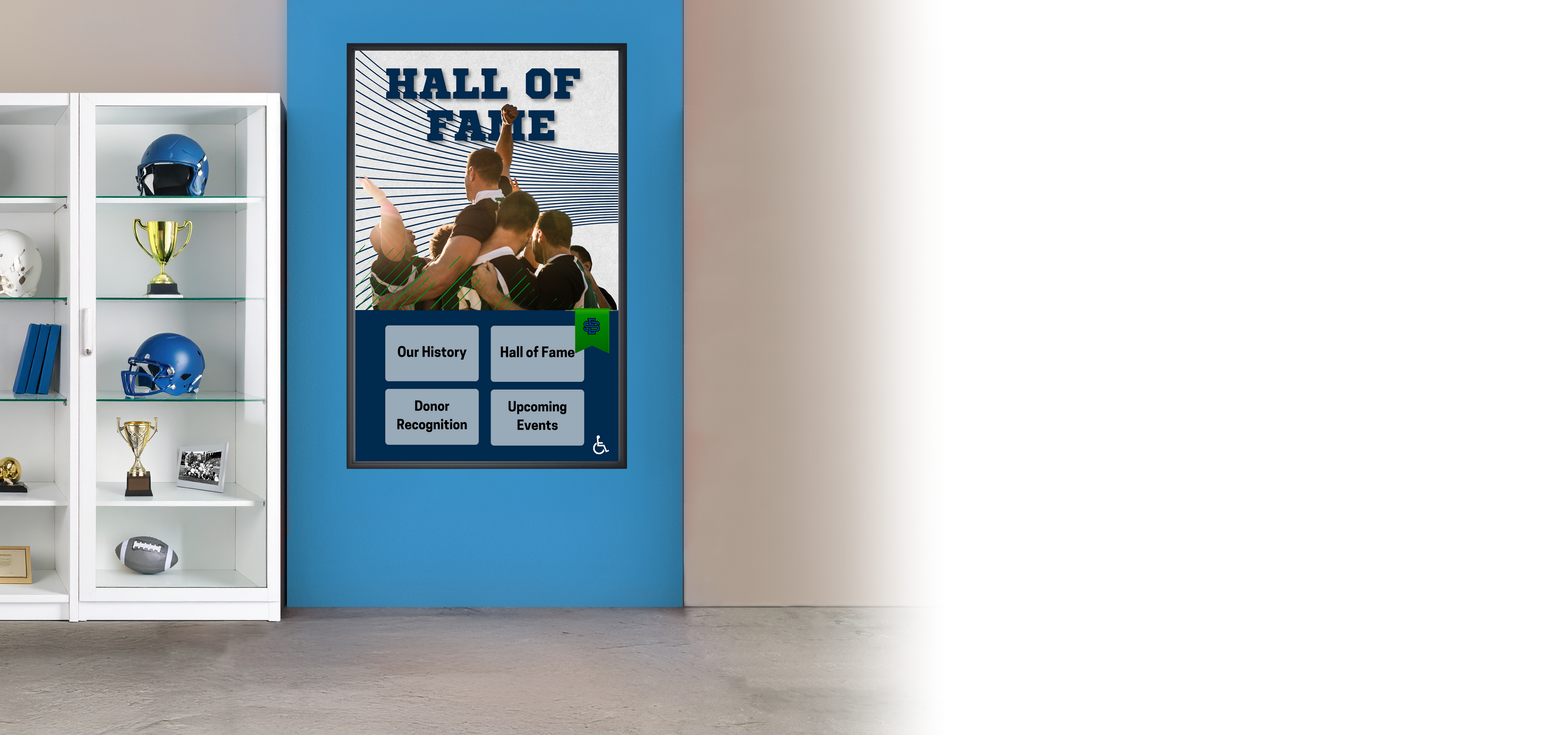 Digital display with 'Hall of Fame' interface in a room with shelves and sports memorabilia.